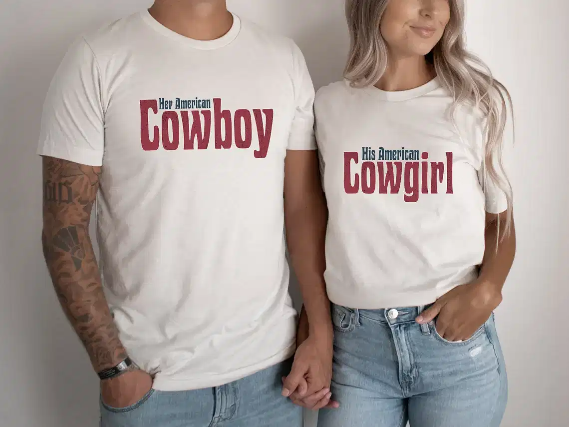 Matching Couples Rodeo Shirts, Couple Country Western, Patriotic Couples T-Shirt, Cowboy Cowgirl Matching Tee, Husband Wife T-Shirt