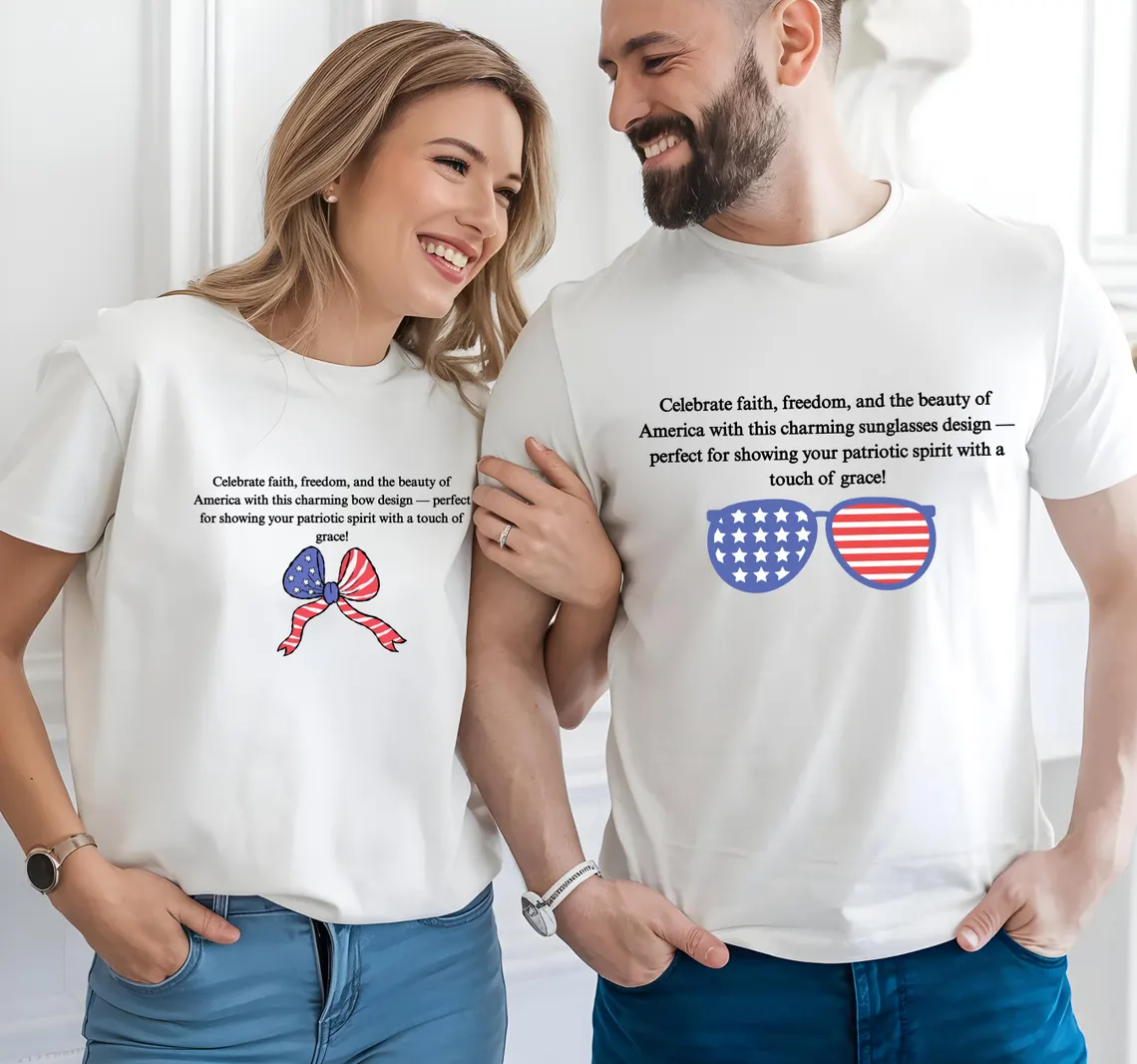 Matching 4th of July Couple Shirts – American Flag Bow & Sunglasses Design – Patriotic USA Independence Day Outfits