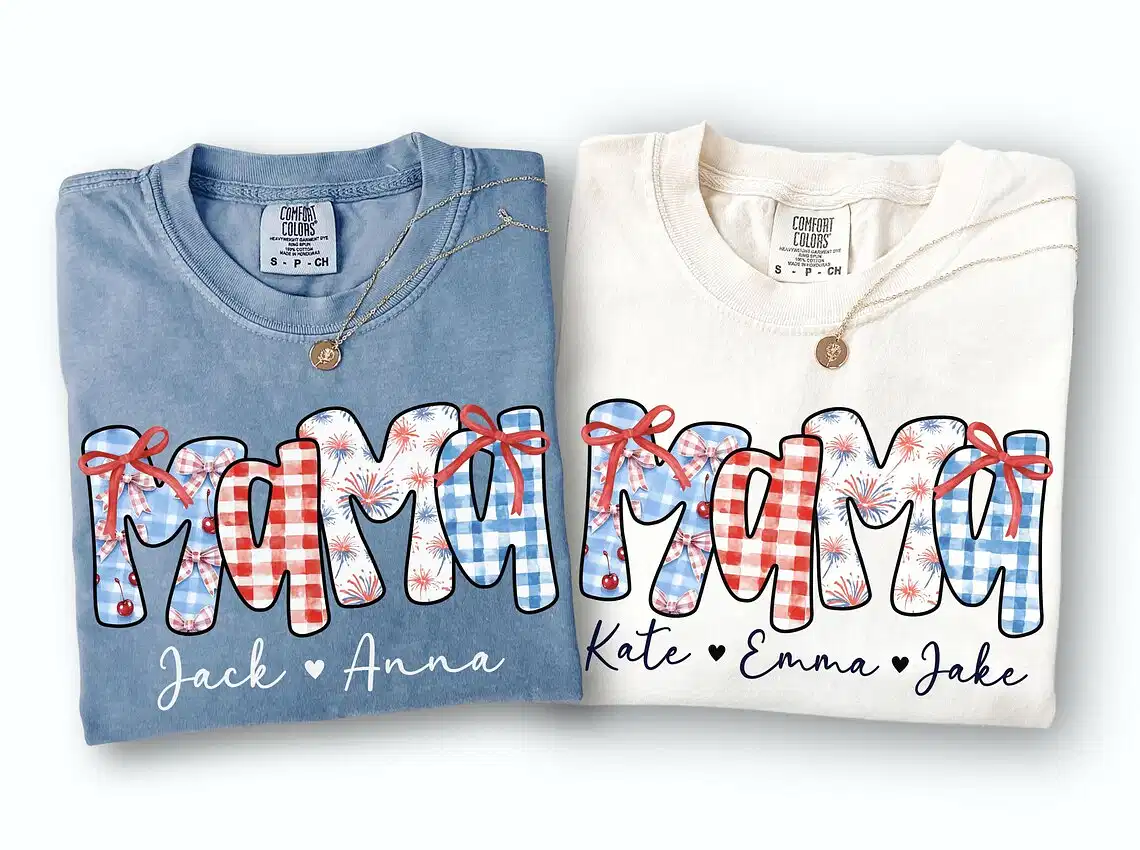 Personalized 4th of July Mama Shirt With Kids Name, Fourth of July T Shirt Patriotic Mama Shirt for July 4th Tee American Mama
