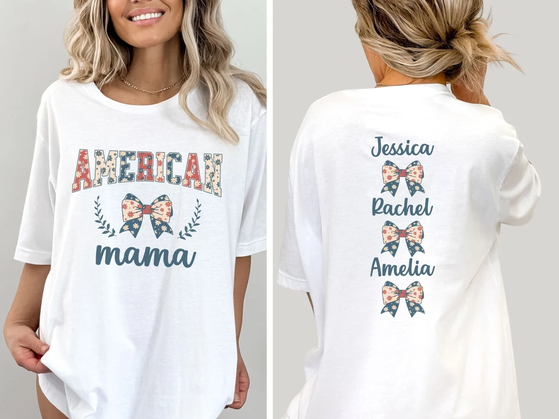 Personalized American Mama Shirt with Names, Custom 4th of July Mom Shirt, Patriotic Mom Gift Independence Day Tee