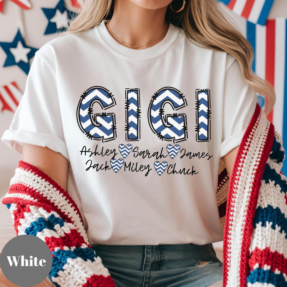 Personalized Gigi TShirt, Patriotic 4th of July Grandma Tee, Patriotic Gigi 4th Of July Grandma Mimi And Grandkid Name Shirt
