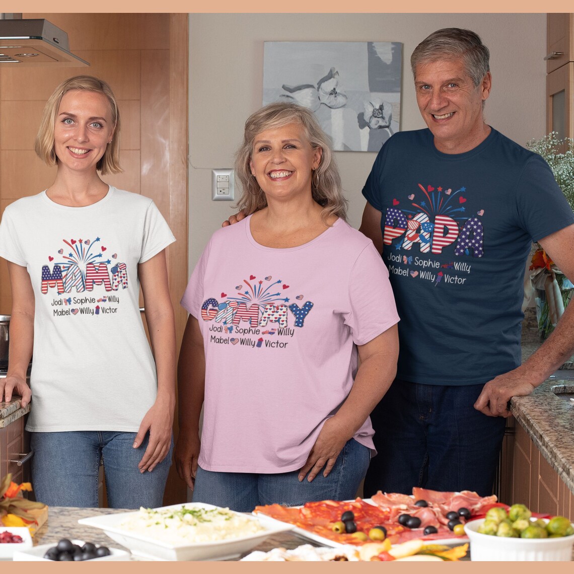 Personalized Grandparent American T-Shirts With Kids Names, Custom 4th of July Grandma Gammy Birthday Shirt Gift, Gigi Abuela July 4th Name Tee