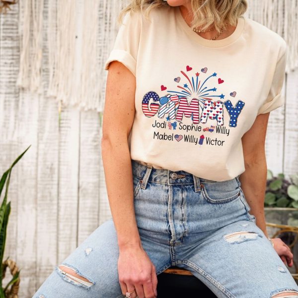 Personalized Grandparent American T-Shirts With Kids Names, Custom 4th of July Grandma Gammy Birthday Shirt Gift, Gigi Abuela July 4th Name Tee - Image 3