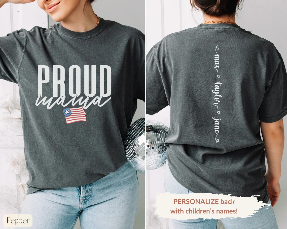 Proud Mama 4th of July Shirt with Kids Names on Back, USA Flag Tee,4th of July Shirt Mom, Retro Flag Independence Day Shirt