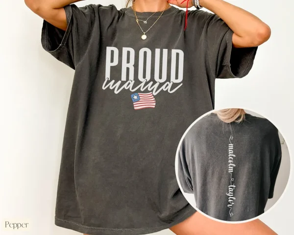 Proud Mama 4th of July Shirt with Kids Names on Back, USA Flag Tee,4th of July Shirt Mom, Retro Flag Independence Day Shirt - Image 3