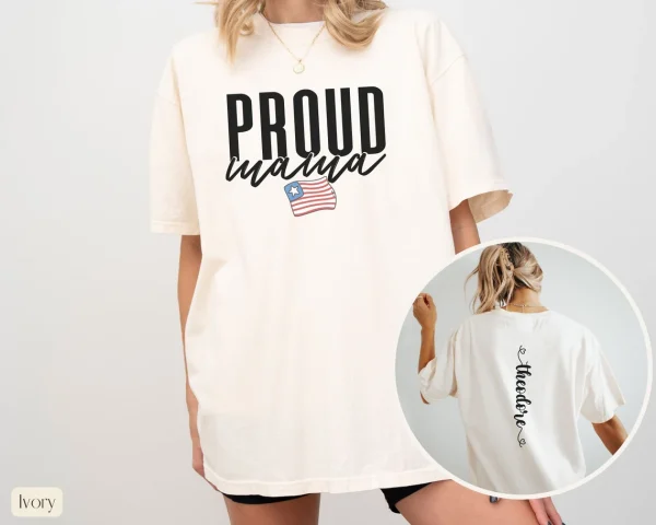 Proud Mama 4th of July Shirt with Kids Names on Back, USA Flag Tee,4th of July Shirt Mom, Retro Flag Independence Day Shirt - Image 2