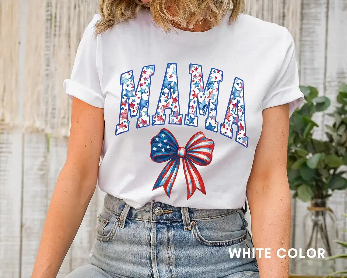 USA Bow T-Shirt, American Mama, Coquette American Girl Tee, Gift For Her 4th of July, Memorial Day Shirt USA Shirt