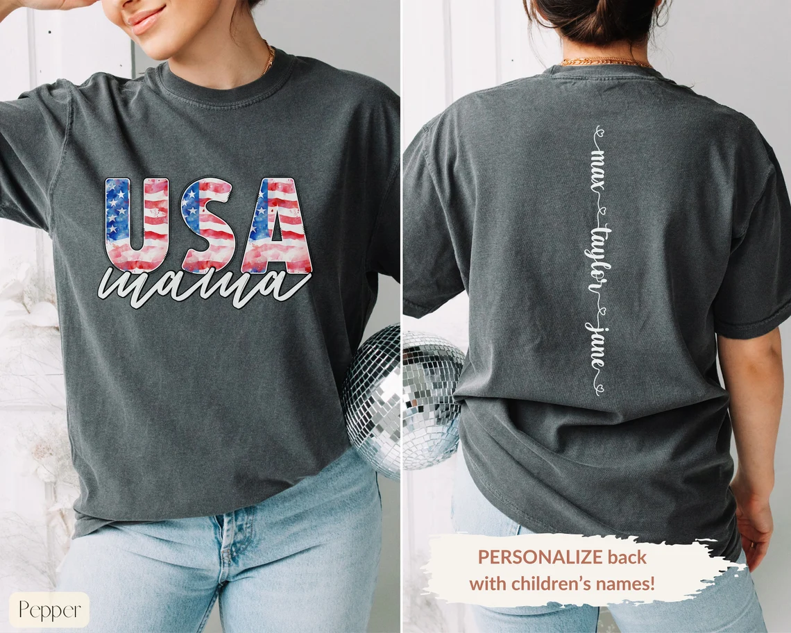 USA Mama 4th of July T-Shirt with Kids Names on Back, USA Flag Tee,4th of July Shirt Mom, Retro Flag Independence Day Shirt
