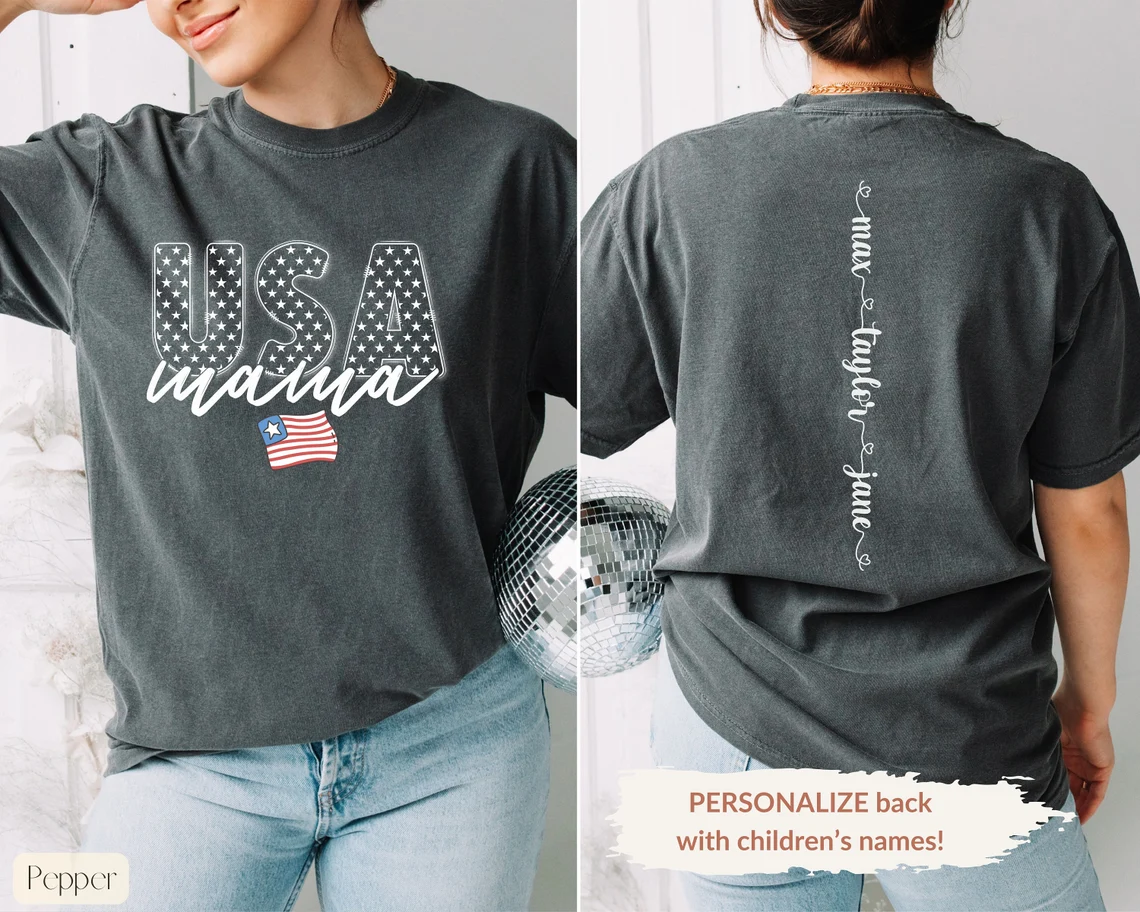 USA Mama 4th of July T-Shirt with Kids Names on Back, USA Flag Tee,4th of July Shirt Mom, Retro Flag Independence Day Shirt