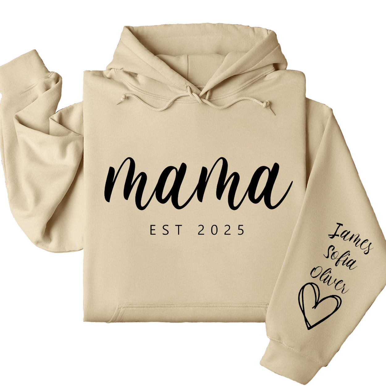 Personalized Mama Hoodie with Kids' Names on Sleeve, Est. 2025 – Custom Mother's Day Gift, Family Name Hoodie