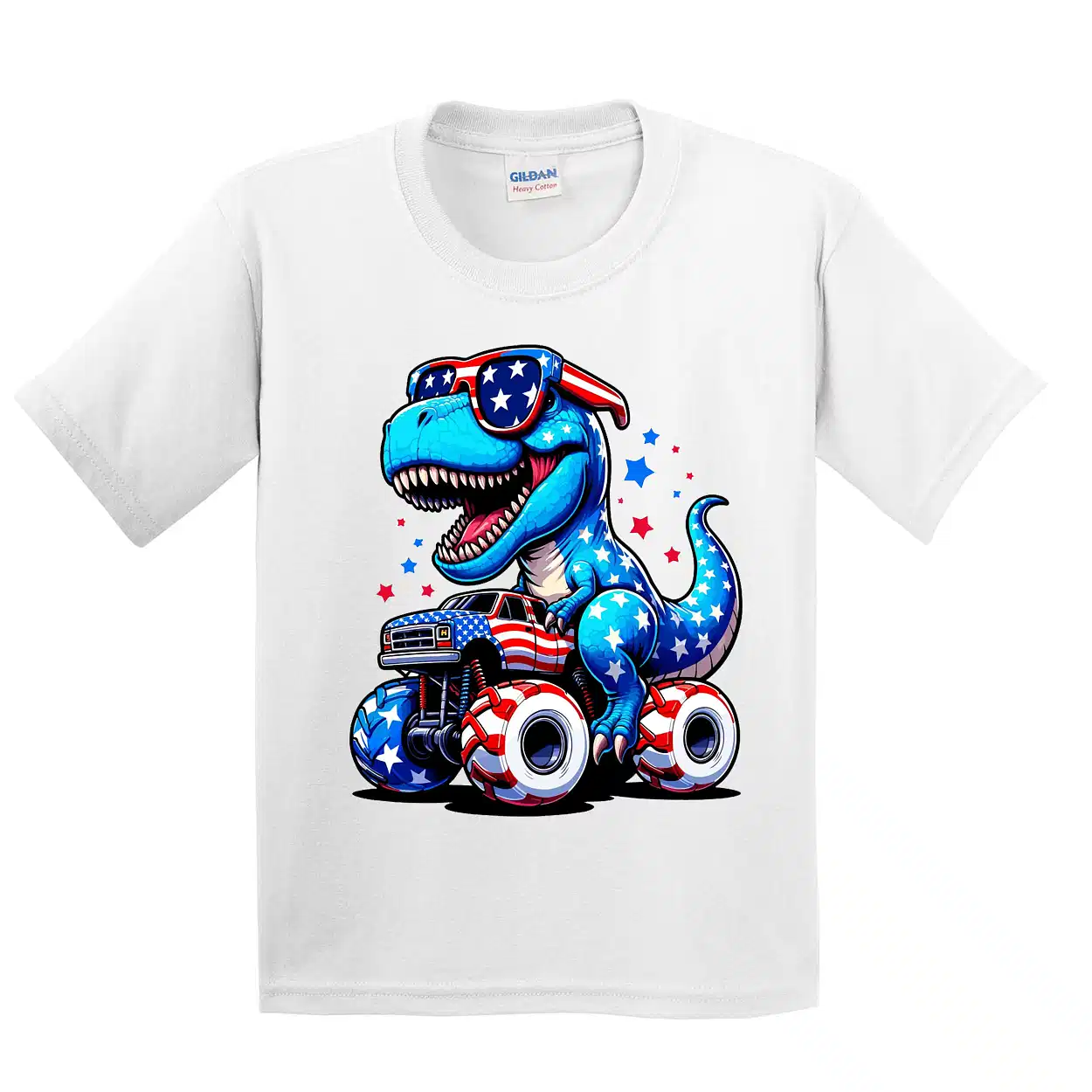 4th of July Dinosaur Monster Truck Youth T-Shirt – Toddler Patriotic American Flag Design, Ready to Press Independence Day Youth Print