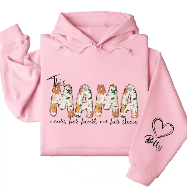 Personalized This Mama Wears Her Heart on Her Sleeve Hoodie – Floral Mama, Custom Hoodie with Kids’ Names, Personalized Mother’s Day Gift for Mom - Image 3