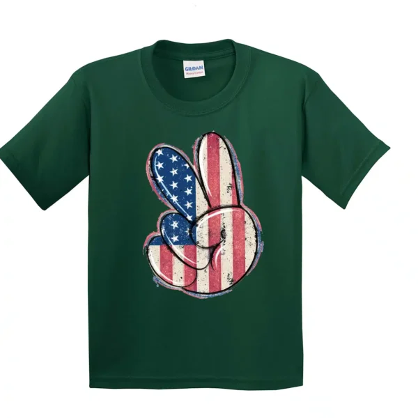 American Flag Peace Sign Kids T-Shirt – 4th of July Patriotic Shirt – Cute Trendy Red White Blue Tee for Kids – USA Summer Outfit - Image 4