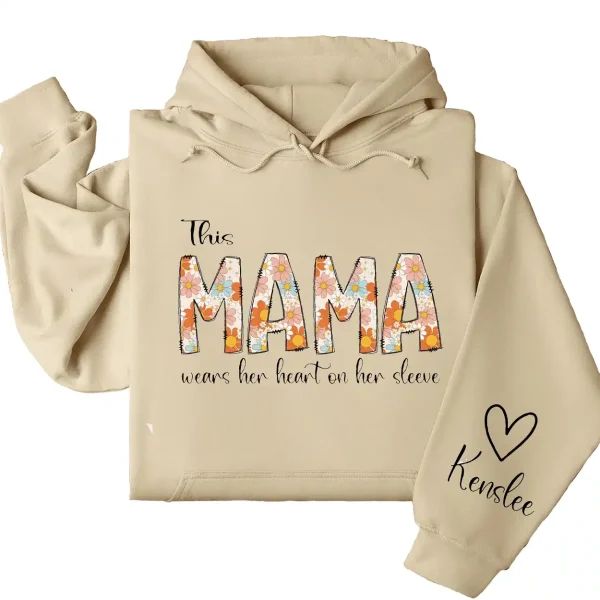 Personalized This Mama Wears Her Heart on Her Sleeve Hoodie – Retro Floral Mom, Custom Kids' Names – Mother’s Day Gift - Image 2