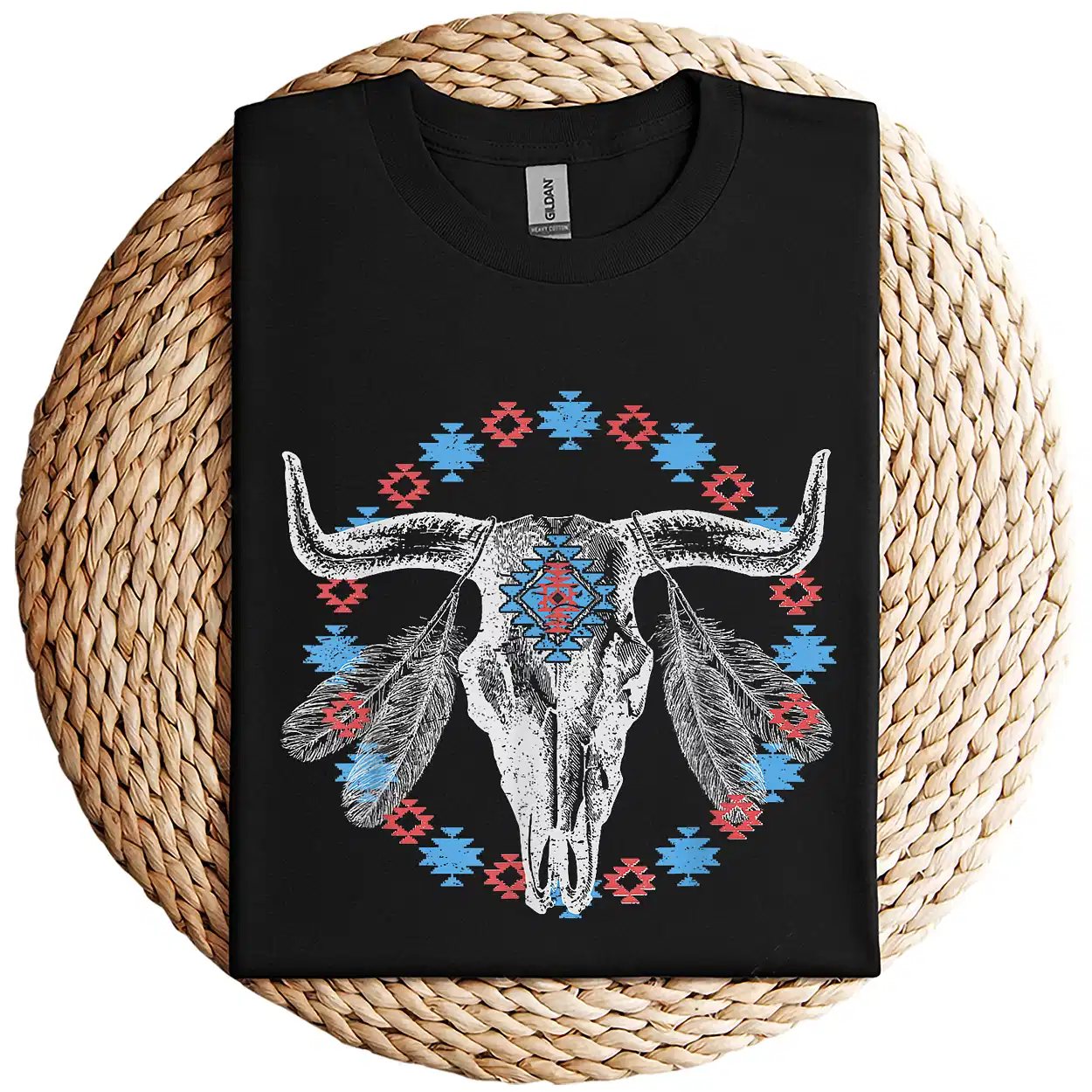 Vintage Cow Bull Skull T-Shirt – BOHO Southwestern Aztec Feather Design – Rustic Western Graphic Tee – Unique Cowgirl & Cowboy Shirt