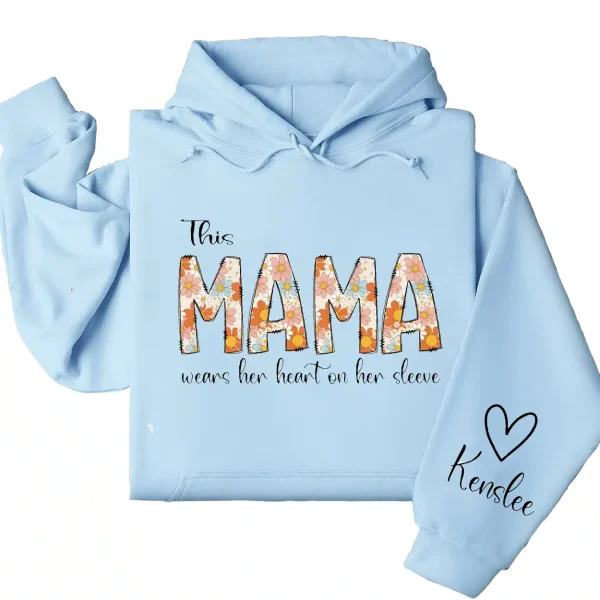 Personalized This Mama Wears Her Heart on Her Sleeve Hoodie – Retro Floral Mom, Custom Kids' Names – Mother’s Day Gift - Image 3