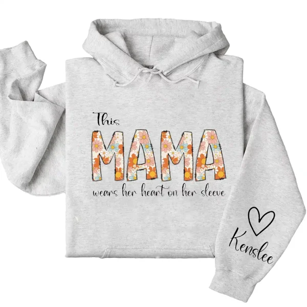 Personalized This Mama Wears Her Heart on Her Sleeve Hoodie – Retro Floral Mom, Custom Kids' Names – Mother’s Day Gift - Image 4
