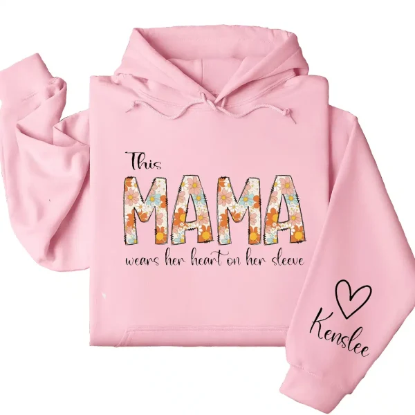 Personalized This Mama Wears Her Heart on Her Sleeve Hoodie – Retro Floral Mom, Custom Kids' Names – Mother’s Day Gift - Image 5