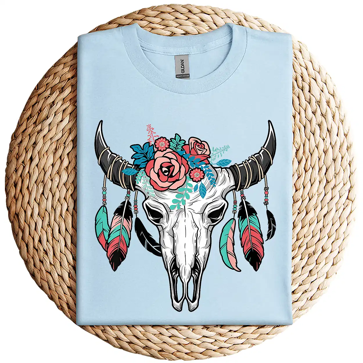 Vintage Cow Skull with Flowers T-Shirt – Western Boho Graphic Tee for Men and Women – Country Cowgirl Cowboy Gift Shirt
