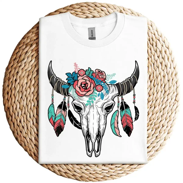 Vintage Cow Skull with Flowers T-Shirt – Western Boho Graphic Tee for Men and Women – Country Cowgirl Cowboy Gift Shirt - Image 4