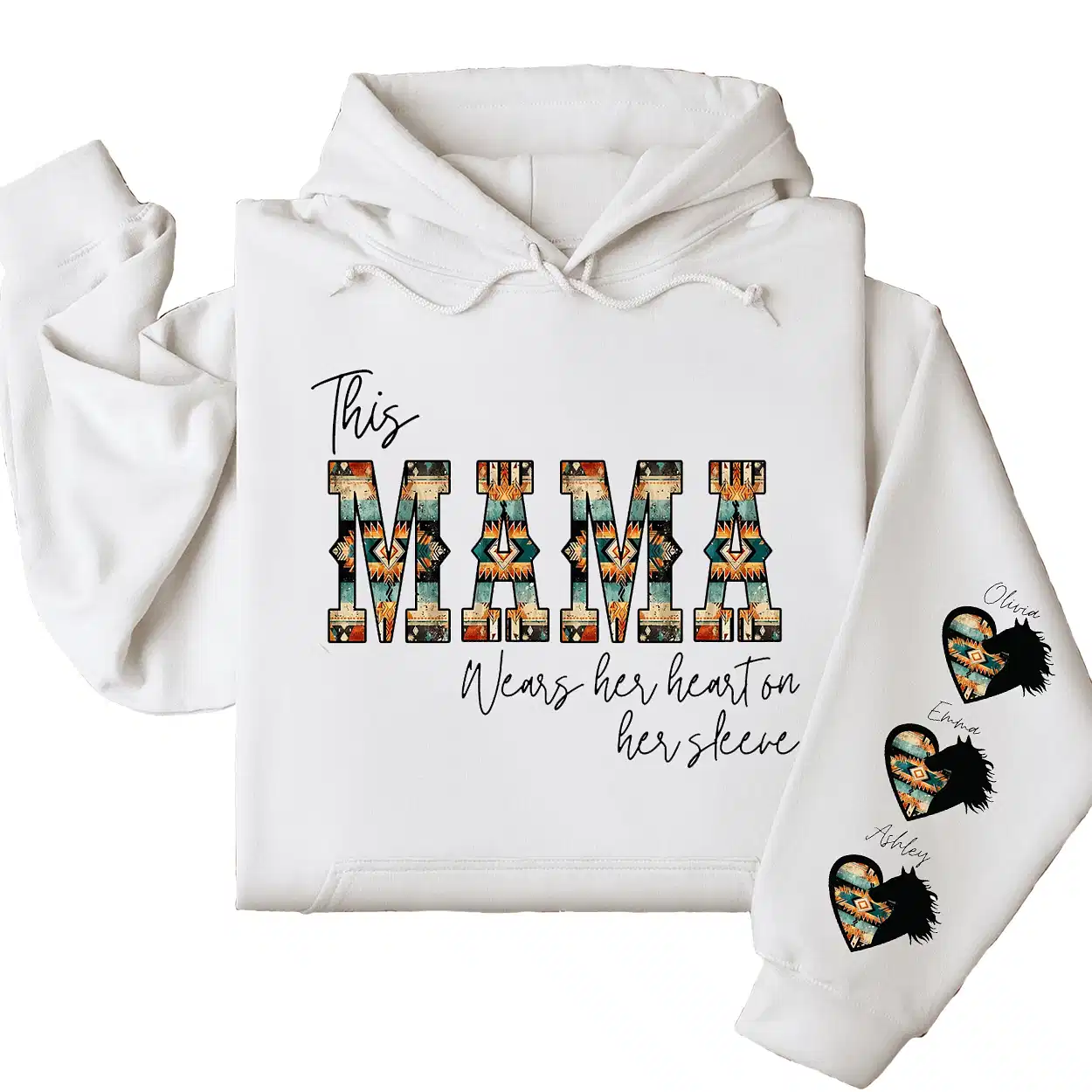 Western Mama Wears Her Heart on Her Sleeve Hoodie – Personalized Aztec Heart & Horse Graphic, Cowboy Font, Mother’s Day or Birthday Gift