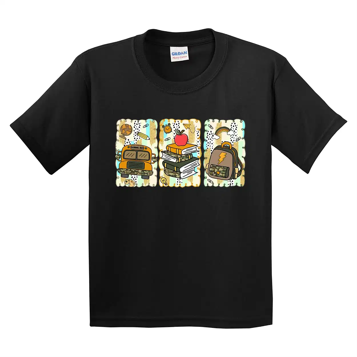 Retro Back To School Camouflage T-Shirt – Boys Camo First Day Tee – Vintage Camo School Outfit – Back To School Shirt with Bus and Backpack