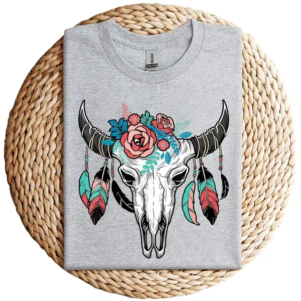 Vintage Cow Skull with Flowers T-Shirt – Western Boho Graphic Tee for Men and Women – Country Cowgirl Cowboy Gift Shirt - Image 3