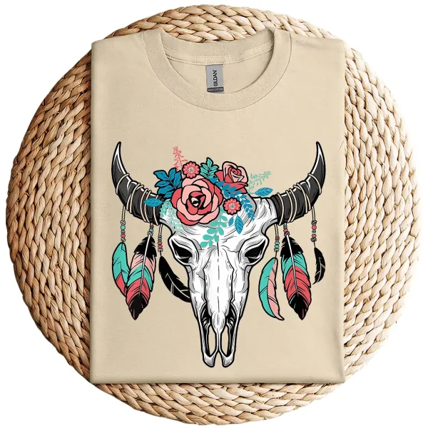 Vintage Cow Skull with Flowers T-Shirt – Western Boho Graphic Tee for Men and Women – Country Cowgirl Cowboy Gift Shirt - Image 2