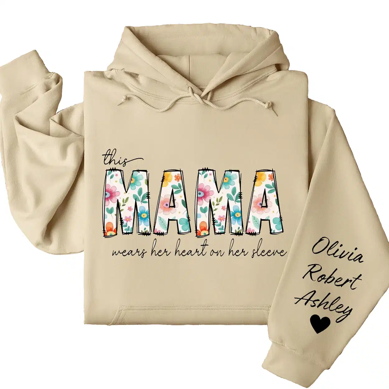 This Mama Wears Her Heart on Her Sleeve Hoodie – Custom Mom Sweatshirt with Kids’ Names, Floral Design, Trendy Mother’s Day Gift Idea