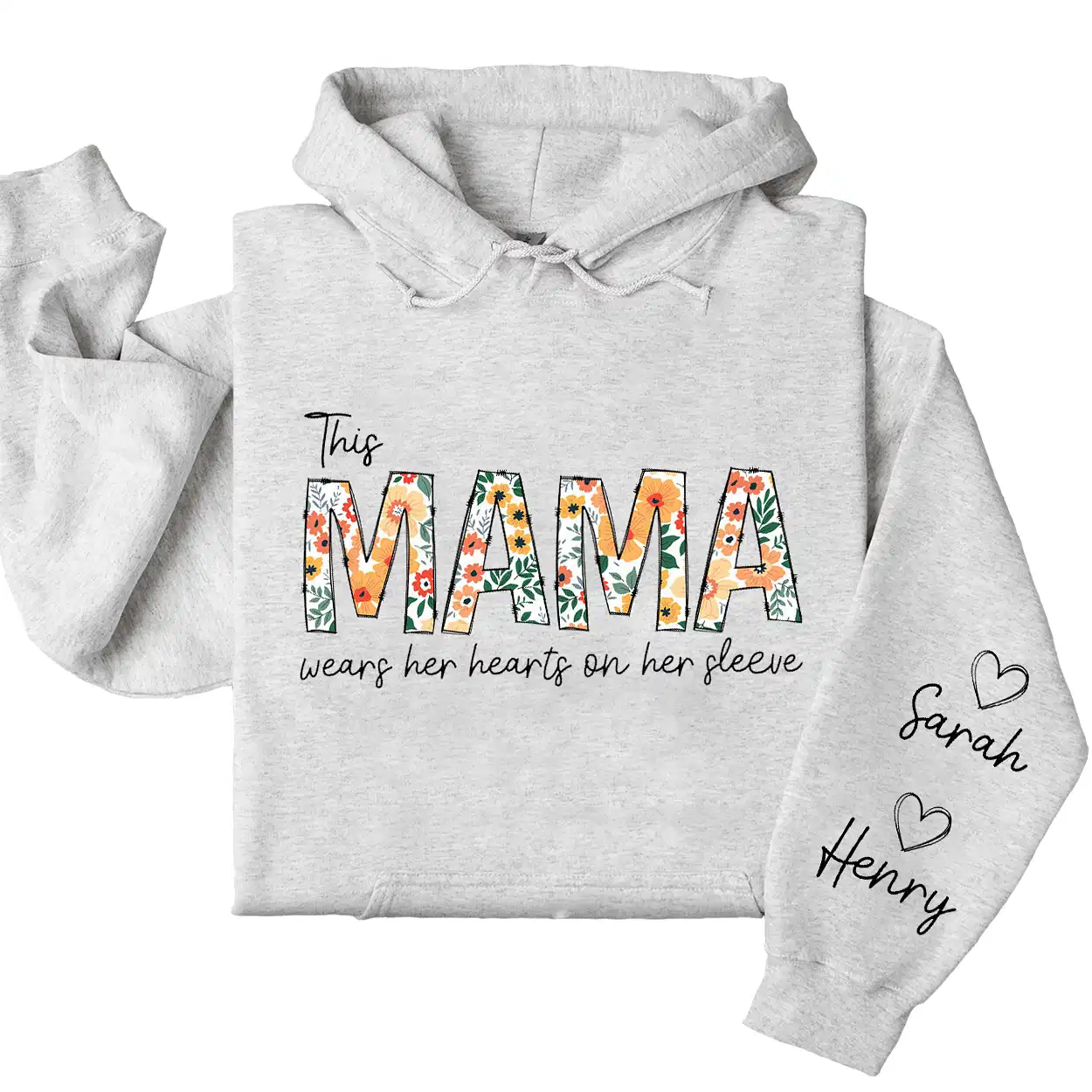 This Mama Wears Her Heart on Her Sleeve Hoodie – Floral Mama, Custom Hoodie with Kids’ Names, Personalized Mother’s Day Gift for Mama