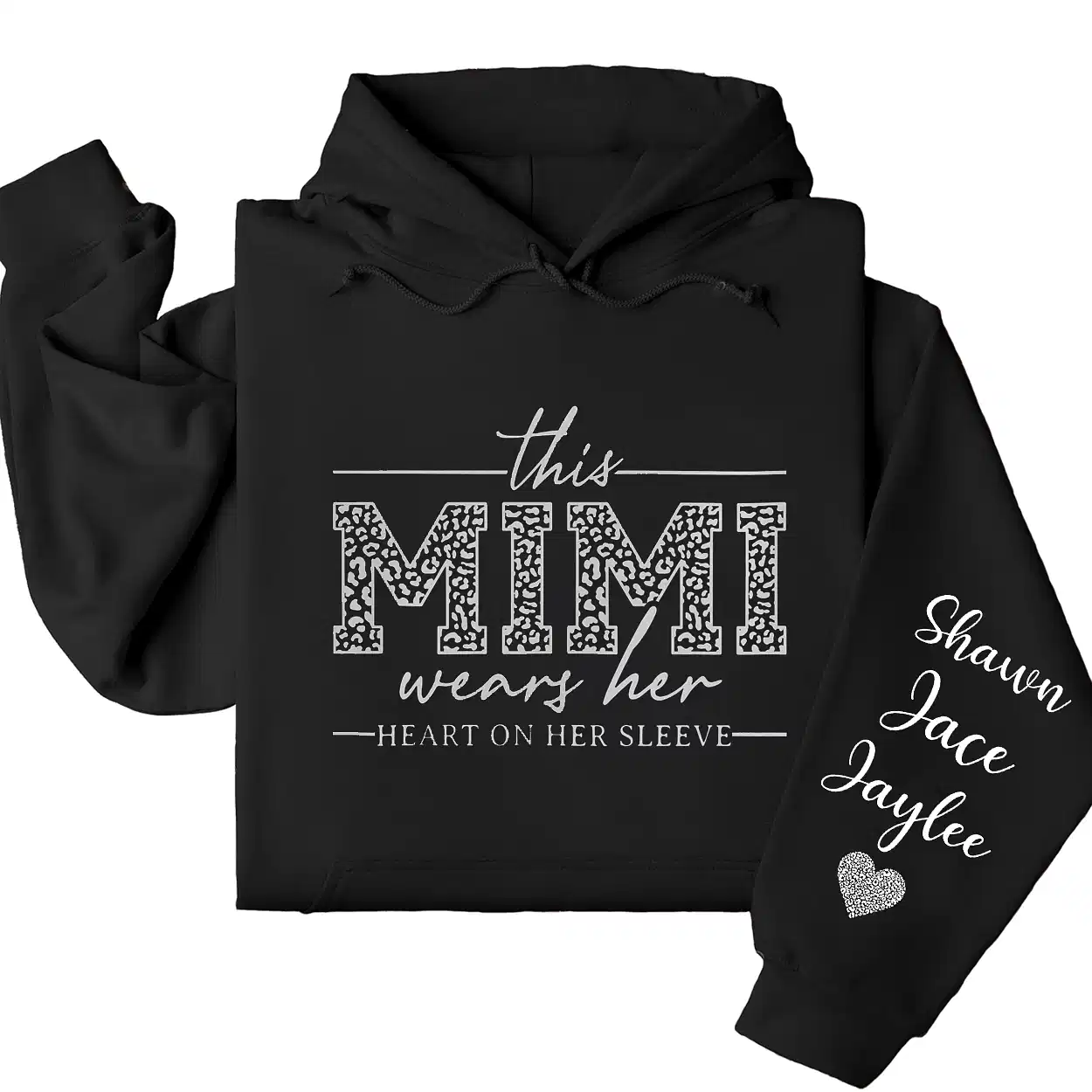 This Mimi Wears Her Heart on Her Sleeve Hoodie – Leopard Print Mimi Shirt with Grandkids’ Names, Valentine’s or Mother’s Day Gift