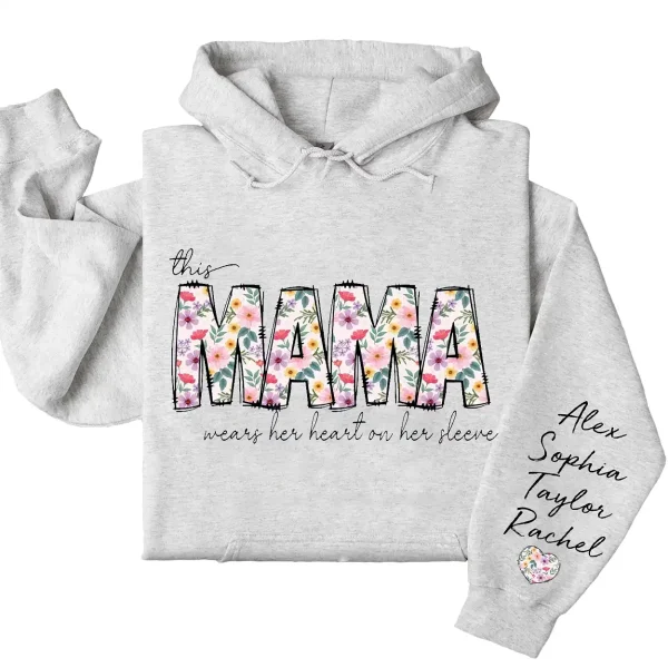 This Mama Wears Her Heart on Her Sleeve Hoodie – Custom Hoodie with Kids’ Names, Personalized Mother’s Day Gift for Mama - Image 3