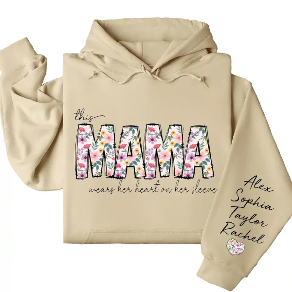 This Mama Wears Her Heart on Her Sleeve Hoodie – Custom Hoodie with Kids’ Names, Personalized Mother’s Day Gift for Mama - Image 4