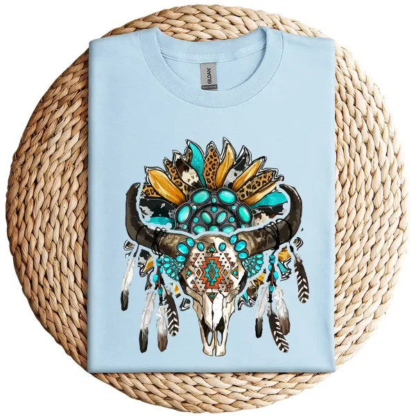 Western Boho Sunflowers Turquoise Cow Bull Skull T-Shirt – Country Cowgirl Graphic Tee – Vintage Rodeo Western Shirt for Women - Image 4
