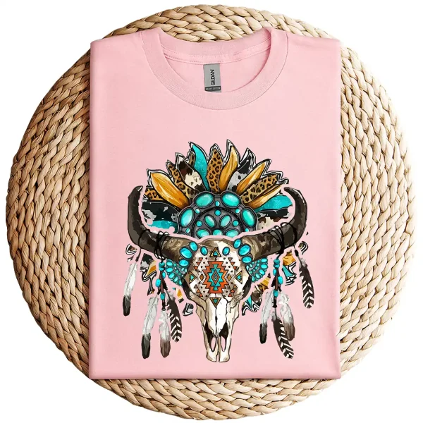 Western Boho Sunflowers Turquoise Cow Bull Skull T-Shirt – Country Cowgirl Graphic Tee – Vintage Rodeo Western Shirt for Women - Image 3