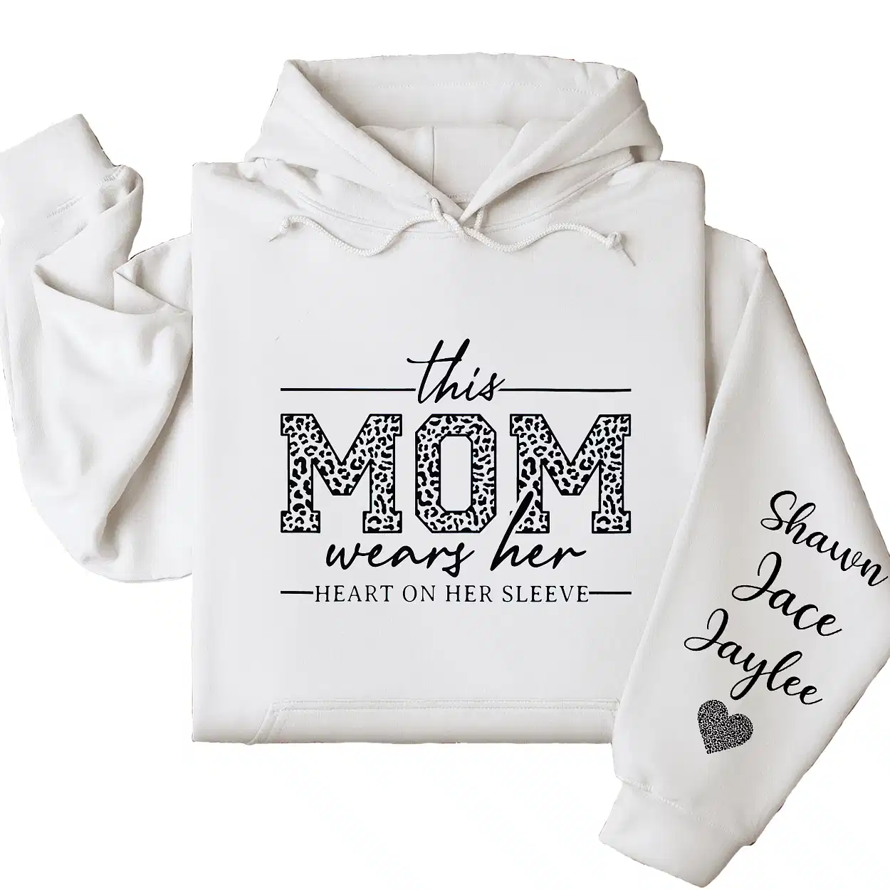 This Mom Wears Her Heart on Her Sleeve Hoodie – Personalized Mom Life Shirt with Kids’ Names, Mother’s Day Gift, Cute Blessed Mama Tee