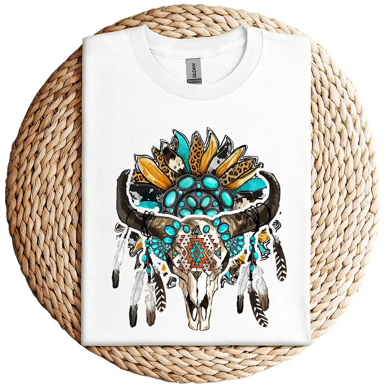 Western Boho Sunflowers Turquoise Cow Bull Skull T-Shirt – Country Cowgirl Graphic Tee – Vintage Rodeo Western Shirt for Women