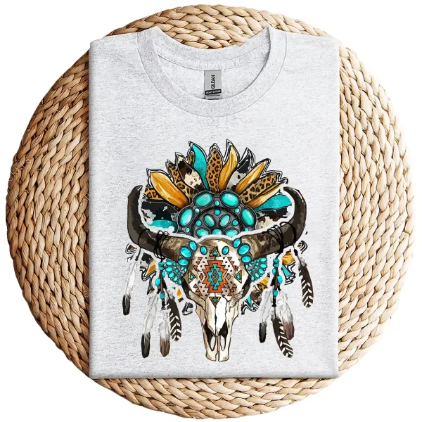 Western Boho Sunflowers Turquoise Cow Bull Skull T-Shirt – Country Cowgirl Graphic Tee – Vintage Rodeo Western Shirt for Women - Image 2