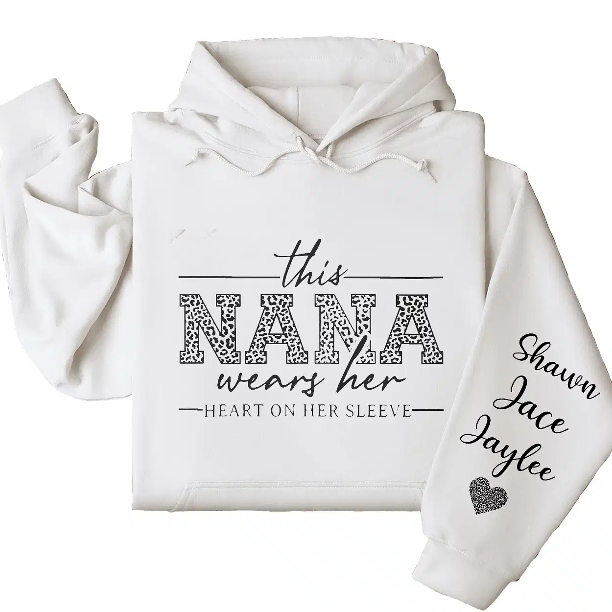 This Nana Wears Her Heart on Her Sleeve Hoodie – Personalized Grandma Shirt with Grandkids’ Names, Mother’s Day or Valentine’s Gift