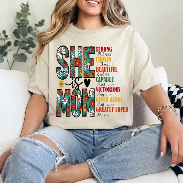 She Is Mom T-Shirt – Retro Christian Mom Shirt with Bible Verse, Blessed Mama Graphic Tee, Faith-Based Mother's Day Gift for Women - Image 4