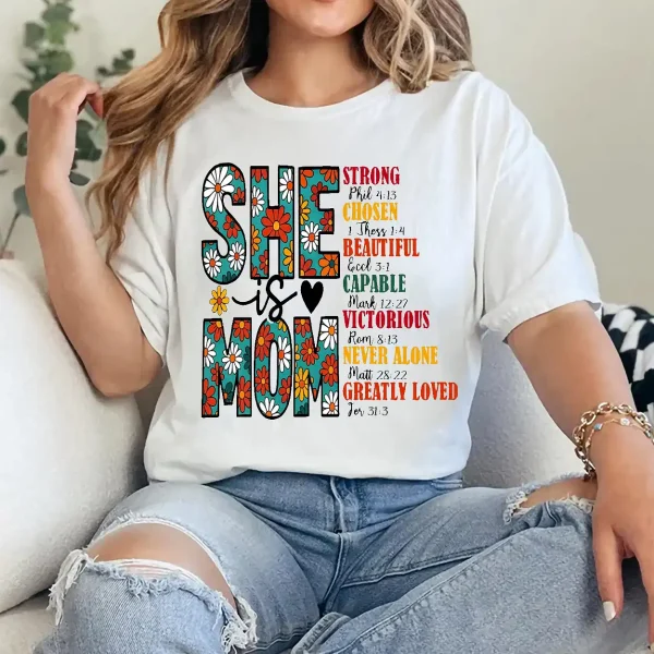 She Is Mom T-Shirt – Retro Christian Mom Shirt with Bible Verse, Blessed Mama Graphic Tee, Faith-Based Mother's Day Gift for Women - Image 3