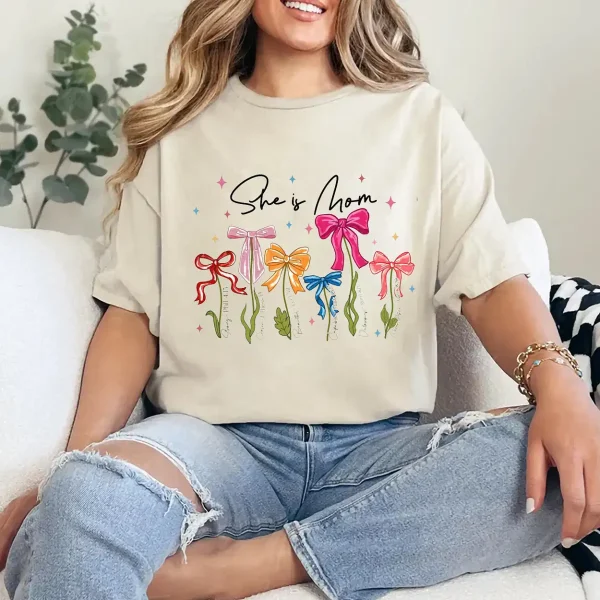 She Is Mom T-Shirt – Retro Coquette Bow Christian Mom Shirt, Bible Verse 'She Is Strong' Tee, Cute Mother's Day Gift for Faithful Mama - Image 4