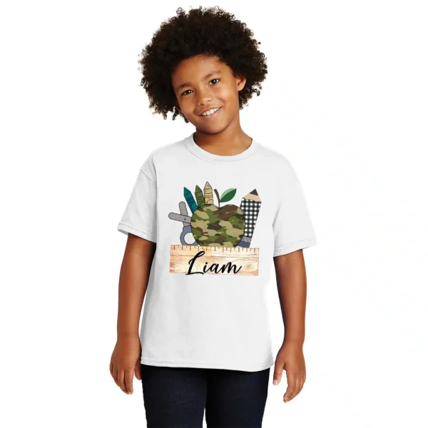 Camo Apple Plaid Pencil Boys Back to School Shirt – Personalized Name Tee – Custom First Day of School Shirt - Image 2
