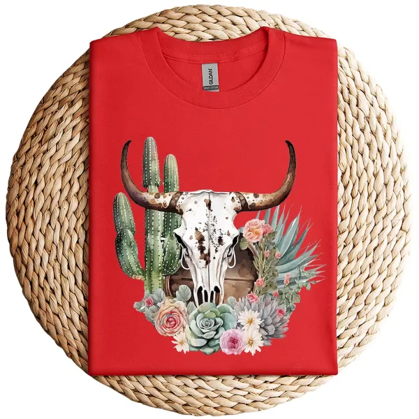 Western Boho Chic Longhorn Bull Skull T-Shirt – Beige Cactus Pattern Graphic Tee – Southwestern Vintage Style – Rodeo Cowgirl Shirt - Image 2