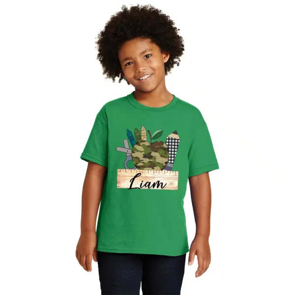 Camo Apple Plaid Pencil Boys Back to School Shirt – Personalized Name Tee – Custom First Day of School Shirt - Image 3