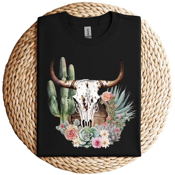 Western Boho Chic Longhorn Bull Skull T-Shirt – Beige Cactus Pattern Graphic Tee – Southwestern Vintage Style – Rodeo Cowgirl Shirt - Image 4