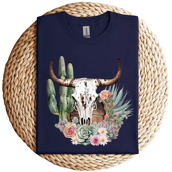 Western Boho Chic Longhorn Bull Skull T-Shirt – Beige Cactus Pattern Graphic Tee – Southwestern Vintage Style – Rodeo Cowgirl Shirt - Image 3