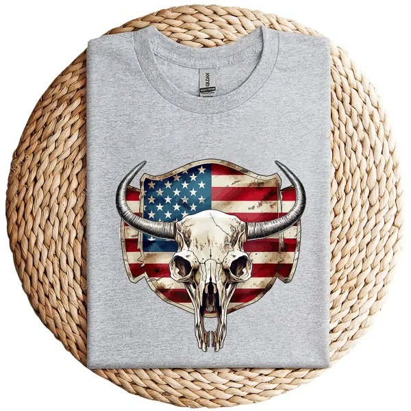 Vintage Cow Bull Cattle Skull T-Shirt – Western Patriotic US Flag Graphic Tee – Rodeo Country Style – American Flag Skull Shirt for Men & Women - Image 4