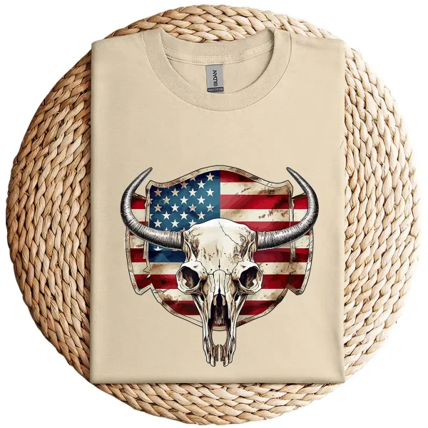 Vintage Cow Bull Cattle Skull T-Shirt – Western Patriotic US Flag Graphic Tee – Rodeo Country Style – American Flag Skull Shirt for Men & Women - Image 3
