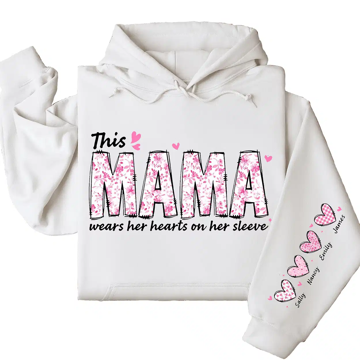 This Mama Wears Her Heart on Her Sleeve Hoodie – Personalized Mama with Kids’ Names, Cute Gift for Mom or Wife